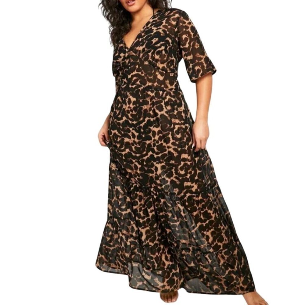 Boohoo Dress Women 16 Brown Animal Print Sheer Safari Beach‎ Resort Neutral 80s